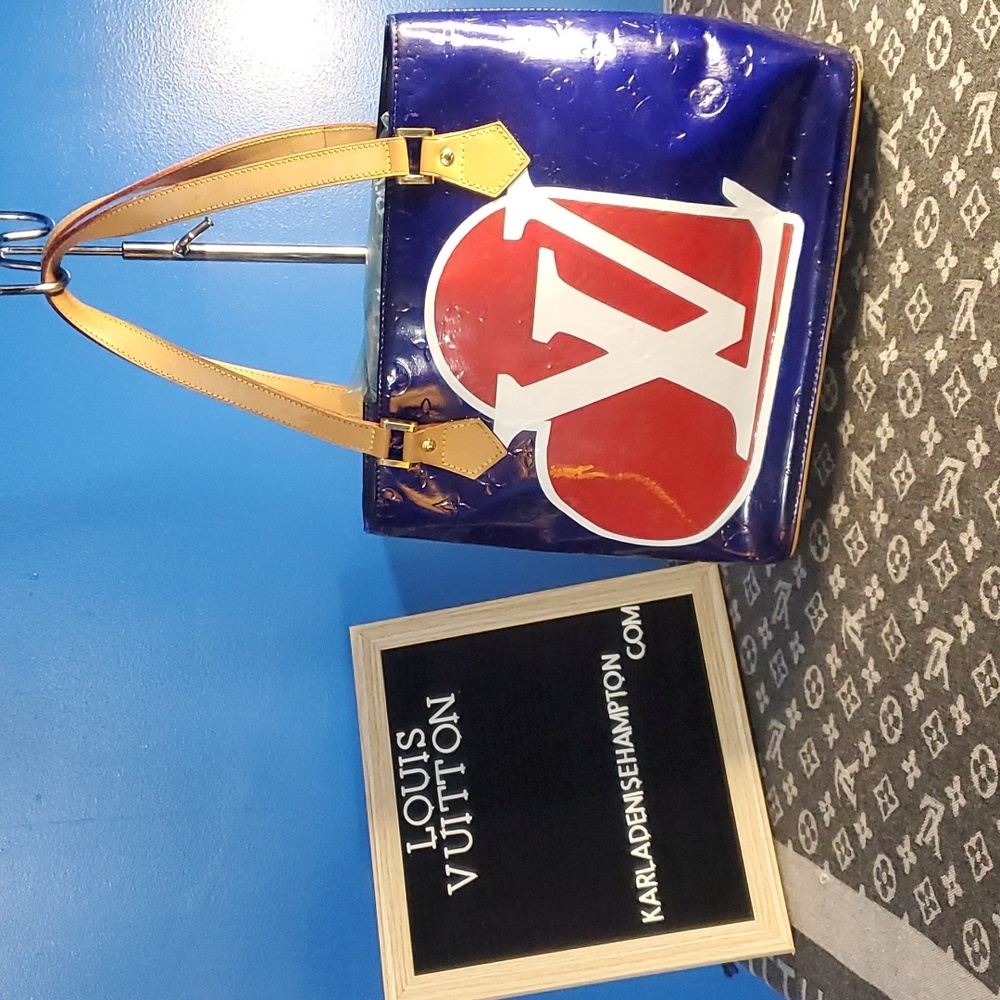 Louis Vuitton vernis Houston dyed blue with Red vinyl heart and white LV vinyl